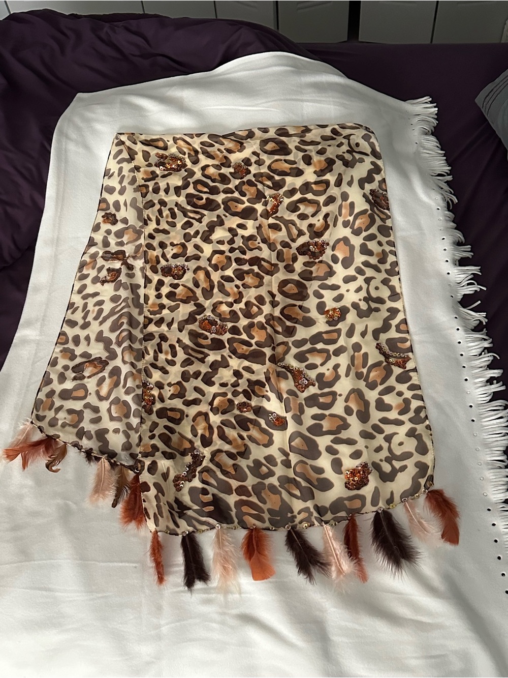 Leopard-Print Feather Tassel Wrap Scarf in Brown and Cream
